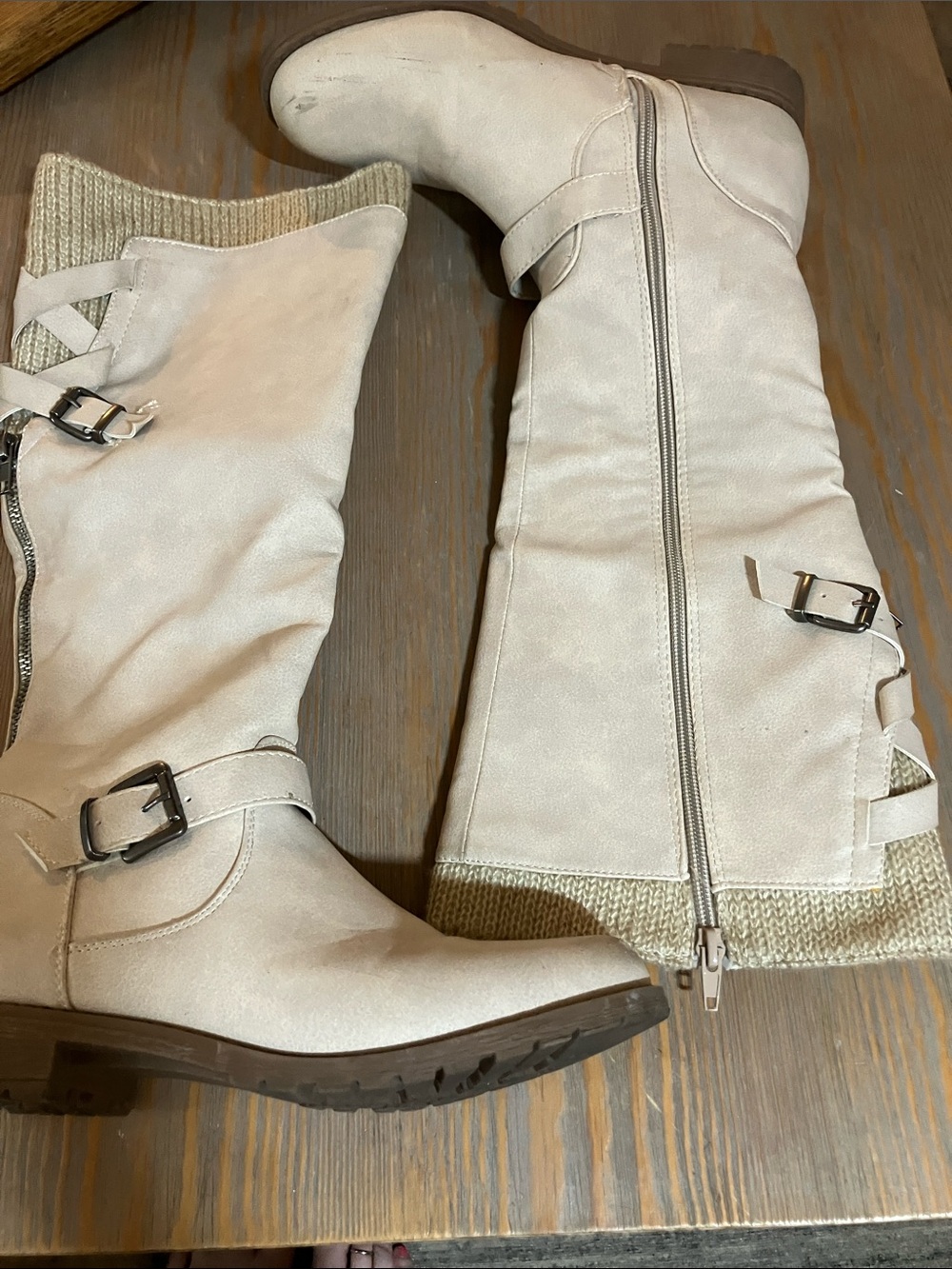 JustFab Cream Knee-High Buckle Zip Boots